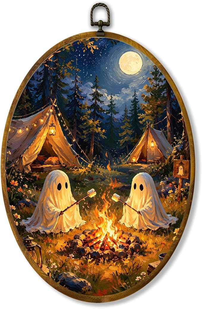 Ghost Camping Oval Wall Art, Framed Canvas Decor, 8.5x11.5 Inch | Two ghosts roasting marshmallows, campfire tents, moonlit forest Halloween decor