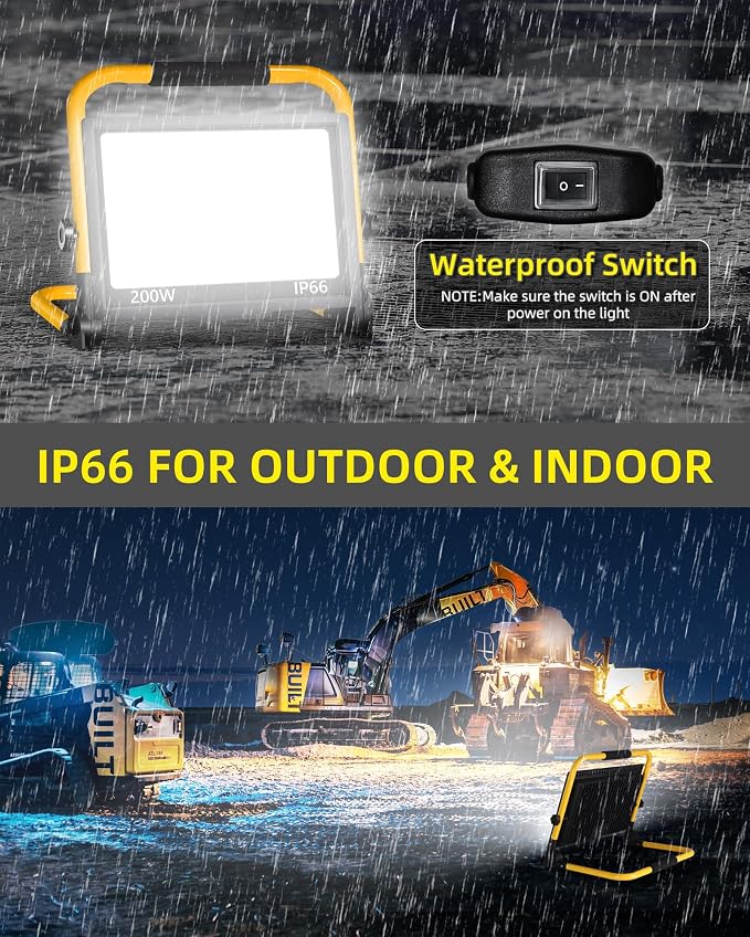 24000LM Work Light with 16FT Cord & Switch, IP66 for Construction Job Site | 200W LED Flood Light Plug in Ultra Brighter, Portable Worklight with Stand, 5000K Daylight for Workshop Camping Outdoor