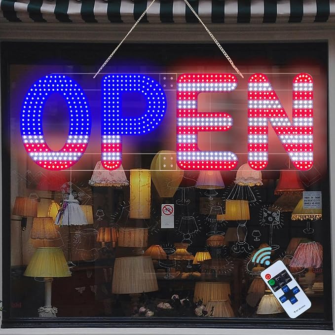 40"x14" Open Sign, LED Open Sign for Business with Remote Control, Ultra Bright Dimmable with 3 Scene Modes, Large Illuminated Sign for Storefront Window, Cafe, Bar, Restaurant, Salon (US Flag Design)