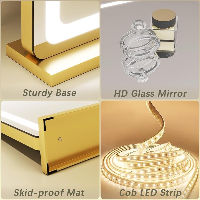 ROLOVE Gold Vanity Mirror with Lights, 32" x 22" Large Lighted Vanity Mirror with Dimmable 3 Modes, LED Makeup Mirror, USB Charging Port, Tabletop or Wall-Mounted