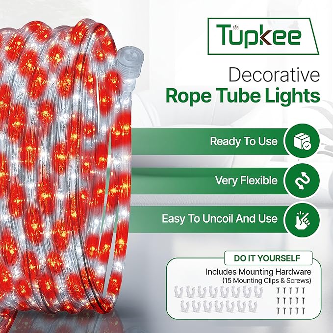 Tupkee LED Rope Light Red & Cool White - for Indoor and Outdoor use, 24 Feet (7.3 m) - 10MM Diameter - 144 LED Long Life Bulbs Rope Tube Lights - Pack of 2
