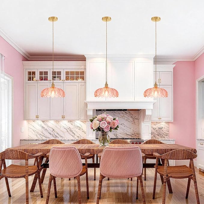 Shenmoyl Pendant Light with Pink Scindapsus Glass Lmapshade, Brass Vintage Pendant Light Adjustable Hanging Light for Kitchen Island Dining Room Hallway