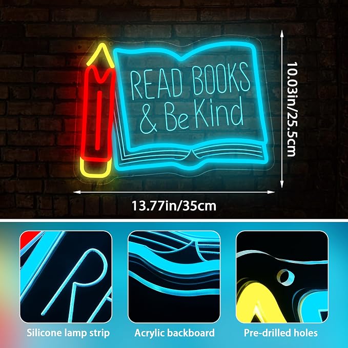 Read Books Be Kind Neon Sign for Wall Decor Reading Neon Light Study Room | Dimmable Led Neon,Teen Birthday Reading Gifts,5V USB Powered,Bookstore Bedroom Decor, Classroom Library Wall Art,13.7*10in