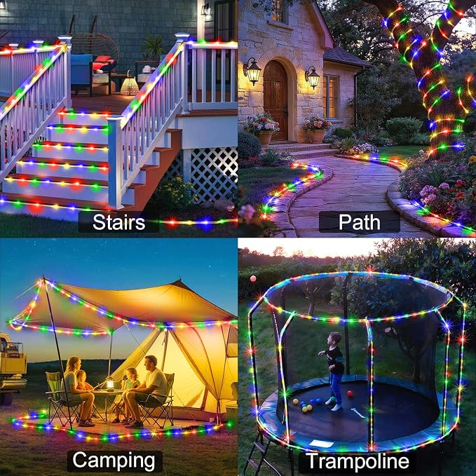 KNONEW Solar Rope Lights Outdoor 2 Packs Total 600LED 100FT Solar String Light Outside Waterproof with 8 Modes Clear Thin Tube for Pool Patio Garden Fence Camping Yard Deck Trampoline（Multicolor）