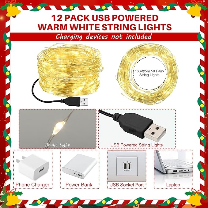 Macarrie 12 Pcs Warm White Fairy Lights USB Powered 16 ft 50 LED String Lights Plug in for Indoor Outdoor Bedroom DIY Party Wedding Home Festival Tree Garden Xmas Decoration