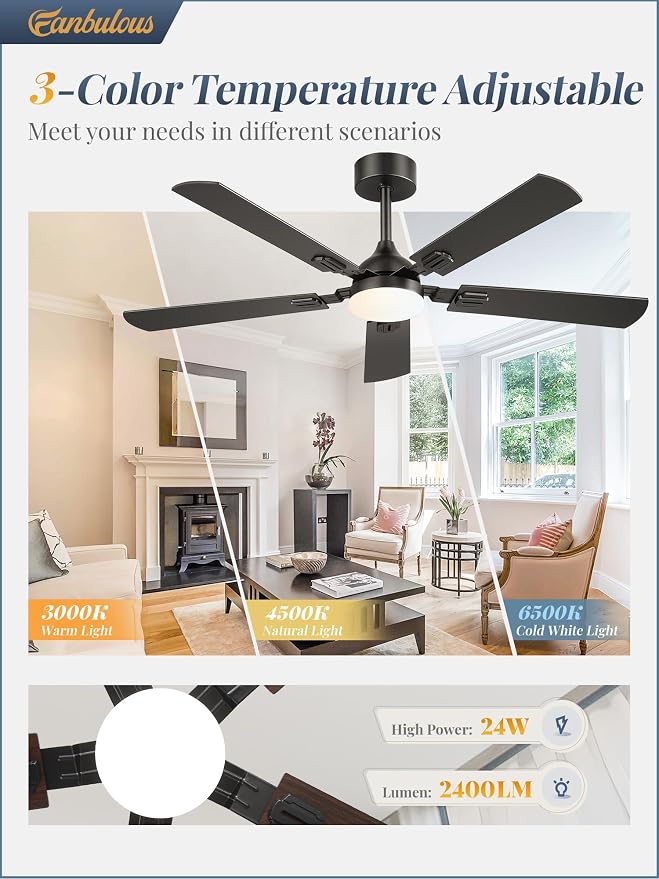 Fanbulous 52 Inch Modern Ceiling Fans with Lights | 6 Speeds,3CCT,Timer,Remote Control,Quiet Reversible DC motor,5 Double-sided Blades,Outdoor,Easy Installation,Black
