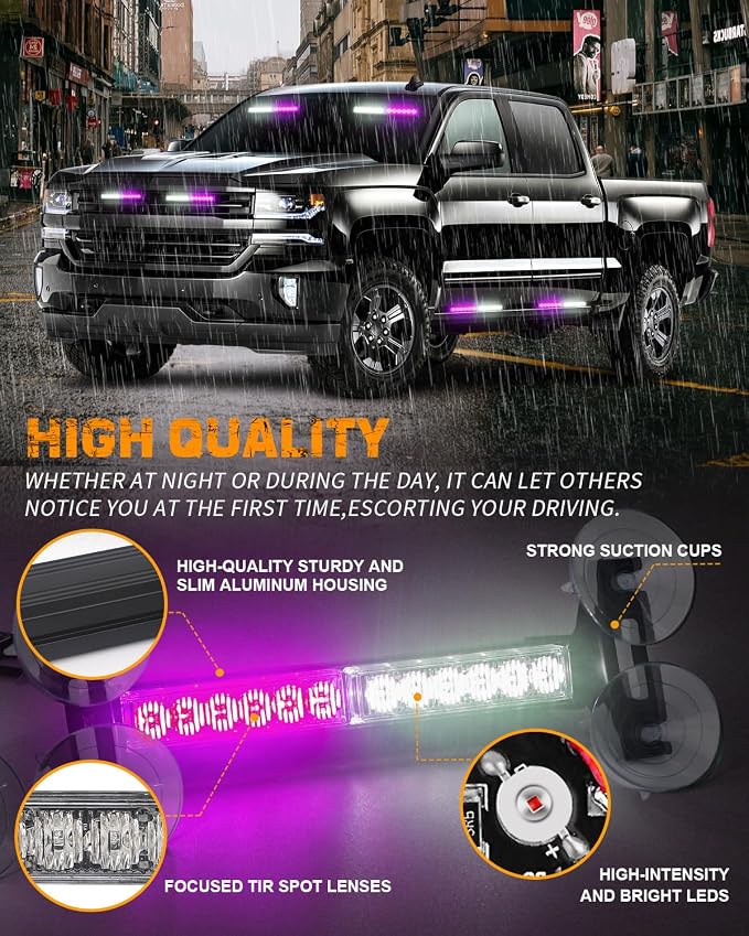 2x 10.7 inch 24 LED Strobe Lights Purple White Emergency Lights | Warning Safety Dash/Side/Front/Rear Windshield Light Bar Traffic Advisor Bar for Escort Vehicles Tow/Plow Trucks