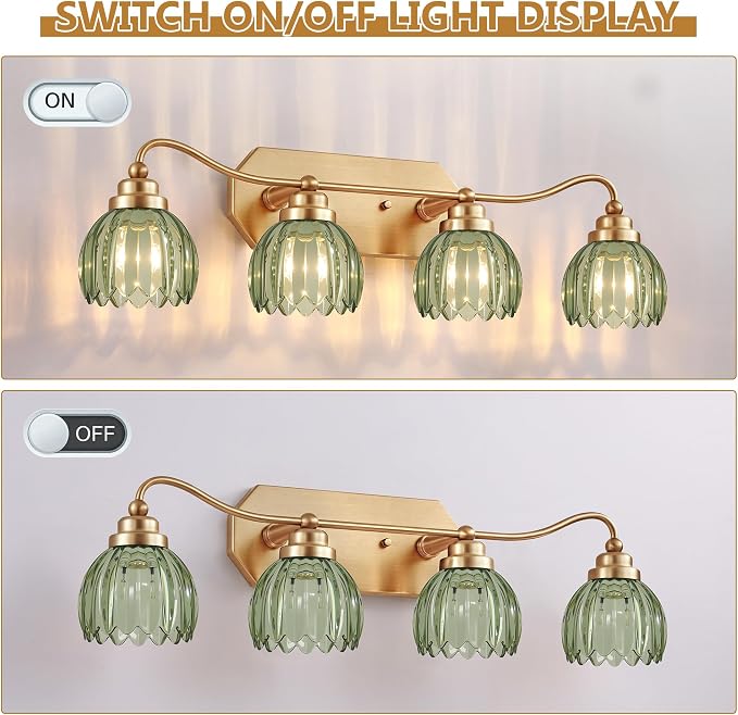 Vintage Gold Vanity Lights, 4 Light Tulip Crystal, Antique Brass Finish | Brushed Gold Bathroom Light Fixtures, Green Wall Sconce Ideal for Bedroom, Living Room, E26 Compatible, Easy Install
