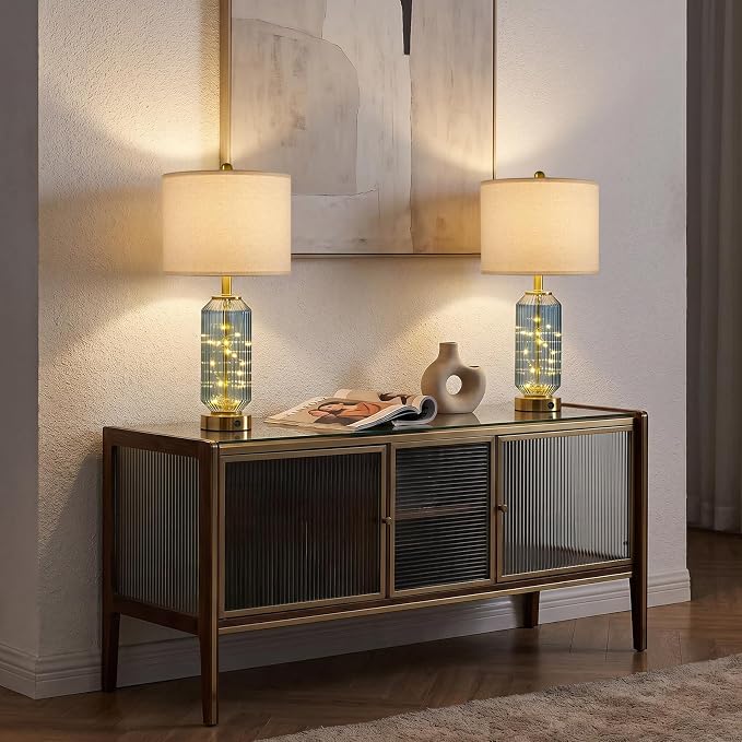24.5" Bedside Table Lamps Set of 2, Blue Coastal Nightstand Lamps with Night Light, USB A+C Charging Ports, Glass Lamps for Bedroom, Living Room, End Table (2 Bulbs Included)
