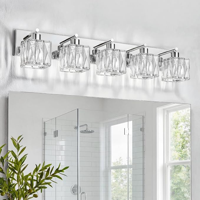 VOLISUN Chrome Bathroom Light Fixtures, Modern Stainless Steel Bathroom Lighting Fixtures Over Mirror, 5 Light Bathrooms Vanity Light, Crystal Vanity Light for Bathrooms-UL Certificated(Exclude Bulb)