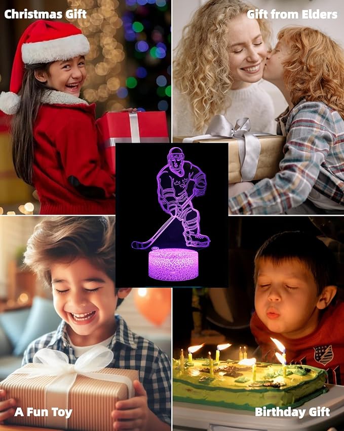 Ice Hockey Player 3D Illusion Night Light, 3 Patterns, Lamp Gift | 16 Color Changing, Dimmable, Touch & Remote Control, Room Bedroom Decor for Boy Girl, Birthday Christmas Toy Kid Teen