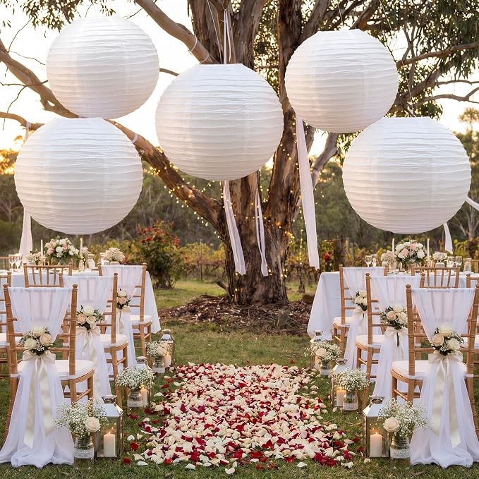Glooglitter 5 Pcs 35.5 Inch Large White Paper Lanterns Gaint Chinese Moon Round Paper Lamp Japanese Jumbo Hanging Lanterns for Wedding Graduation Bridal Shower Birthday Party Supplies Decoration