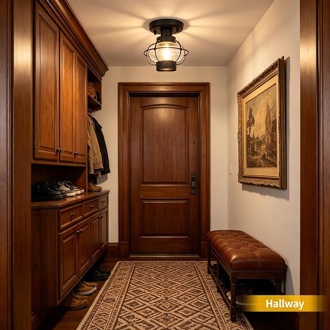 Porch Ceiling Light, Farmhouse Industrial Flush Mount, Glass Globe E26 | Indoor & outdoor use. For hallway, bedroom, balcony, stairway. Sturdy metal, hardware included, easy install.
