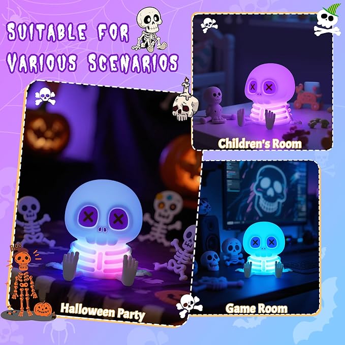 Skull Night Light, Silicone Touch Control Lamp. USB Rechargeable with Timer & Brightness Adjustment, Creates Customizable Glow for Gaming Room, Bedside, or Halloween Decor