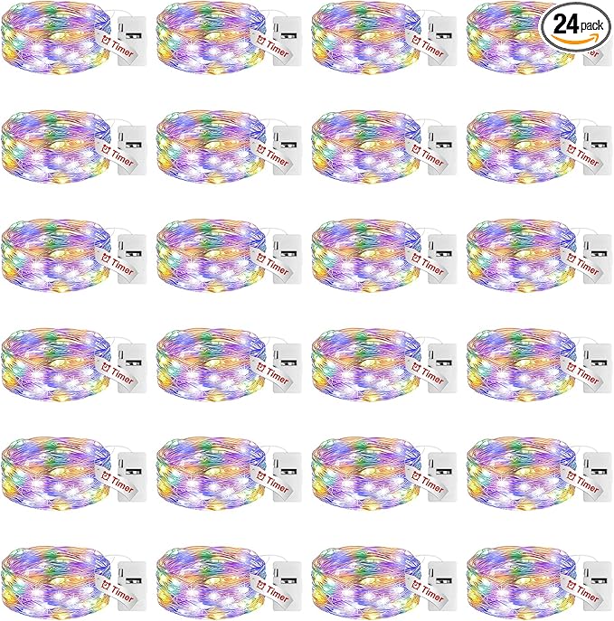 litogo 24 Pack Multi-Colored Fairy Lights Battery Operated with Timer, 20 LED 3 Modes Twinkle Light, 7ft Waterproof Silver Wire Mini Small Bulk Mason Jar String Light, Decor for Wedding Christmas
