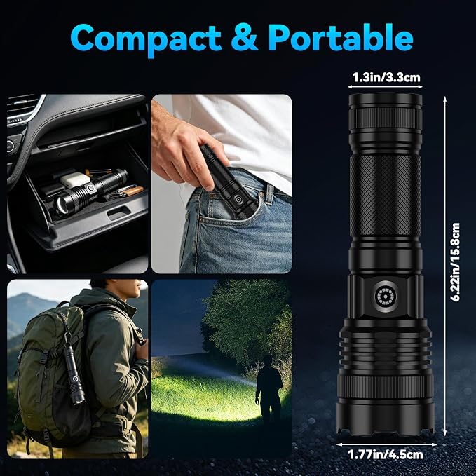 Rechargeable Flashlights High Lumens, Super Bright Tactical Flashlight 3 Modes with Power Display, Waterproof Zoomable LED Flash Light for Home Emergencies Camping Hiking