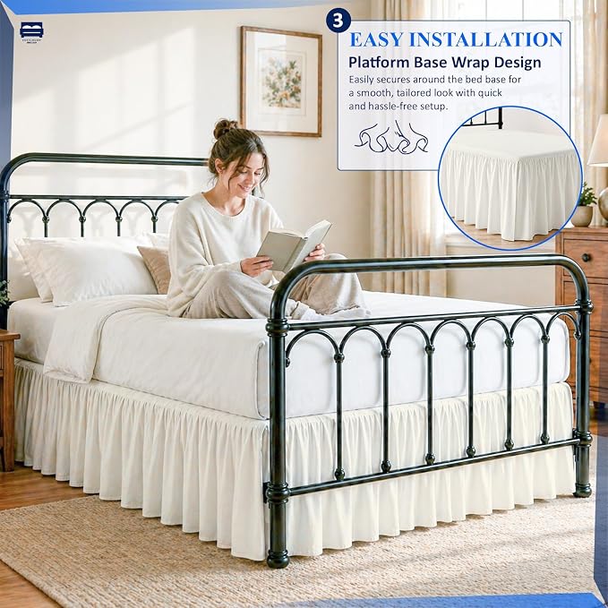 Ruffled Bed Skirt with Split Corners-Dust Ruffle - 15" Drop 100% Microfiber Soft,Sheen & Luxurious Look - Bed Skirts (Ivory -Twin)