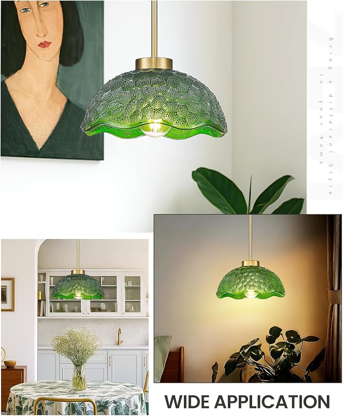 zeyu 10.4 Inch Vintage Kitchen Light Fixture, Hanging Ceiling Light Fixture, Brushed Gold Ceiling Pendant Light with Green Hammered Glass, ZJX116M1L BG G