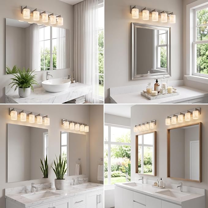 5-Light Bathroom Light Fixture, Brushed Nickel Modern Vanity Light with White Marble Glass Shade, for Bathroom Mirror, Living Room, Bedroom, Hallway, E26 Base, Extended Base