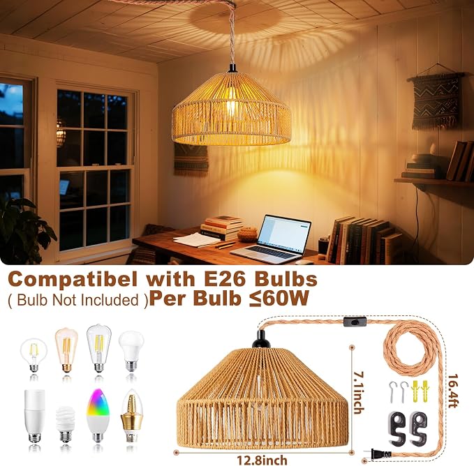 Maliralt Hanging Lamps Rattan Pendant Light Hanging Lights 16.4ft Plug in Cord Pendant Light Fixture Plug Into Wall Outlet Pendant Lighting with On Off Switch for Bedroom Living (Mongolian Yurt)