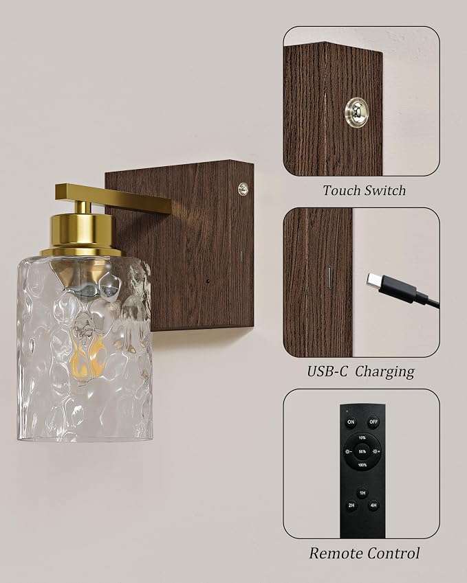 Hammered Glass Battery Operated Wall Sconces Set of Two Gold & Walnut | Dimmable Rechargeable Wall Lights with Remote Timer, Easy Install Lamp for Living Room Bedroom, Emergency 3000K
