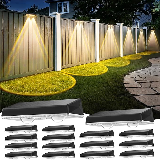 Solar Fence Lights 3 Color Temperatures(3000K/4500K/6000K) Dusk to Dawn Solar Deck Light with ON/Off Push Switch Waterproof Solar Wall Lights for Outside/Backyard/Step/Patio/Pool, 16PACK