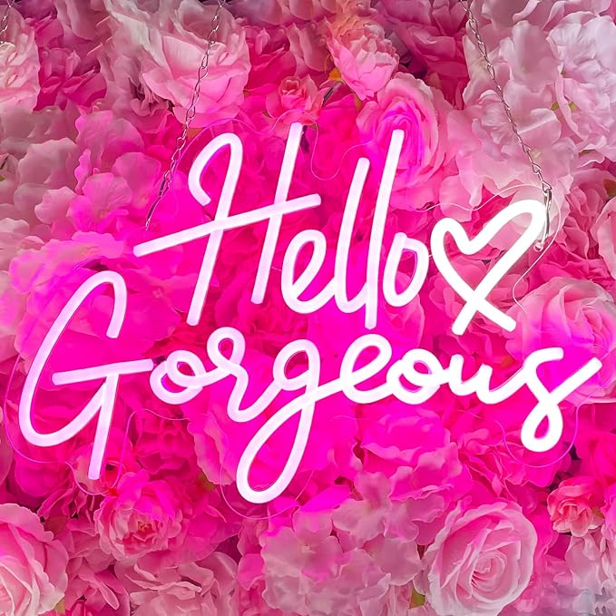 Hello Gorgeous Neon Signs for Wall Decor with Heart, Pink Gorgeous LED Sign Lights for Bedroom Dorm Home Salon Wedding Party, Cute Makeup Dressing Beauty Room Decor, Preppy Girls Woman Cave