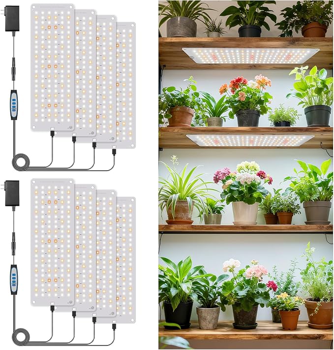 Aumtrly Grow Light for Indoor Plants, 1104 LED Full Spectrum 4 Panel/2 Pack | for Seed Starting Growing, 6/12/16H Auto Timer, 5 Dimming Levels, 3 Light Modes, 2 Installation Methods, Use Under Shelves