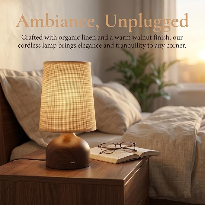 Small Cordless Table Lamp with Fabric Shade, 3 Color Temperature Stepless Dimming Rechargeable Battery Operated Nightstand Lamp, Wood Grain Bedside Lamp for Bedroom Living Room Home Decor