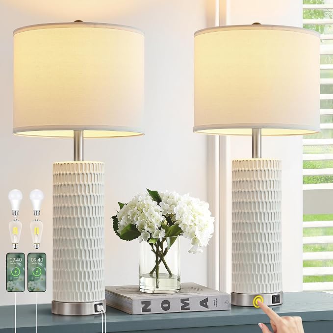 Reaketon 26.5" Ceramic Table Lamp Set of 2, 3 Way Dimmable Touch Control Table Lamp with 2 USB Charging Ports for Bedroom Living Room, Modern Nightstand Lamp End Table Lamps, Bulbs Included