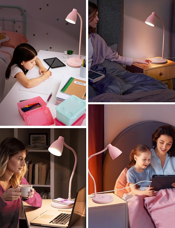 BOHON Cute Desk Lamp for Home Office with USB C+A Charging Port Timer Pink | LED Desk Light with Wireless Charger 5 Colors Stepless Dimming Reading Light Touch Bedside Table Lamp for College Dorm Room