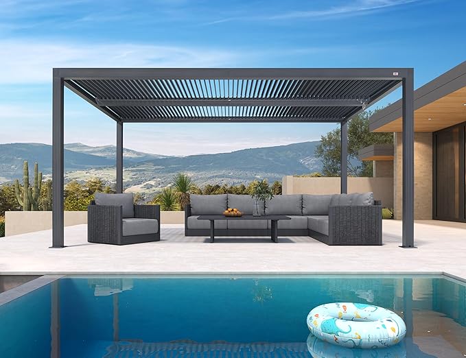 PURPLE LEAF Louvered Pergola 94AS 10' x 16' Aluminum Wind Resistant Gray | Two Adjustable Louvered Roofs For Shade Control, 53Mph Wind Resistant, Reinforced 5.12-Inch Beams, Multiple Size Options