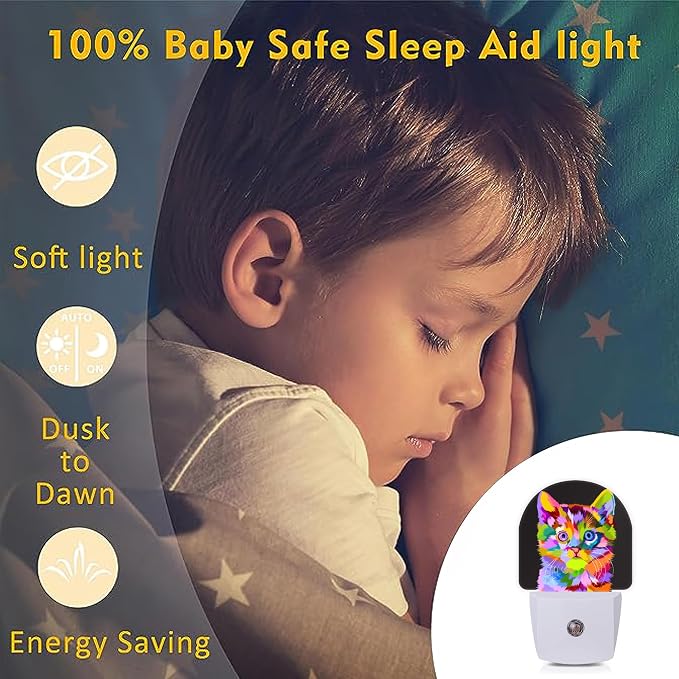 Colorful Cute Cat Night Lights Plug into Wall for Girls Boys Room,Night Light LED Lamp Dusk to Dawn Sensor Round Lamp for Bedroom Bathroom Hallway Home Wall Decor