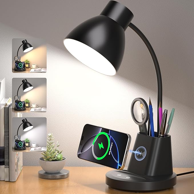 10W Wireless Charging LED Desk Lamp with Pen Holder, CRI 95, Black | 800LM, 3 Modes, 360°Flexible Arm, Touch, Brightness, Table Lamp for Home Office, Dorm, Bedside, Study, Reading, with Adapter