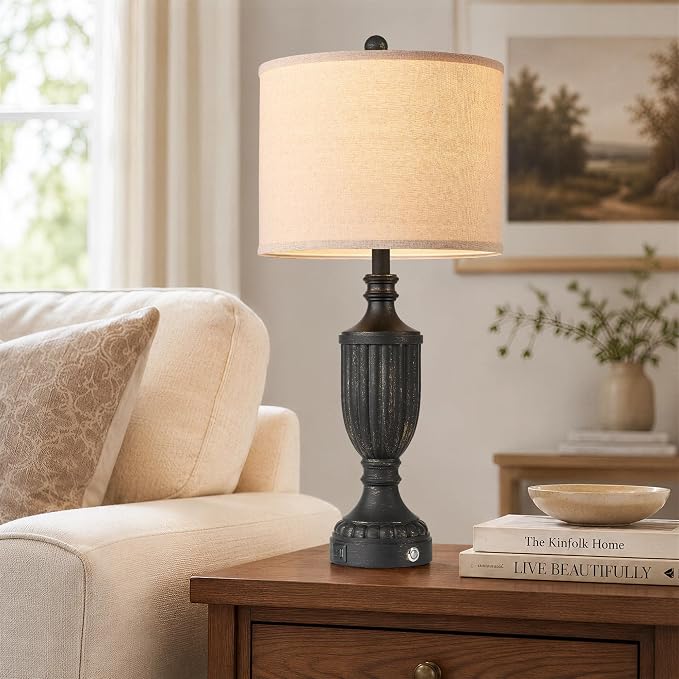 Black Farmhouse Lamps for Living Room Set of 2, 27.5" Bedroom Lamps Set of 2 with USB Ports, Dimmable Rustic Bedside Lamps Nightstand Lamps