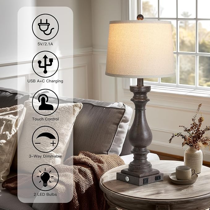 29" Tall Farmhouse Table Lamp for Living Room Set of 2,Vintage Retro Nightstand Lamps with USB C+A Ports & AC Outlet,3-Way Dimmable Touch Bedside Lamp for Bedroom End Table,Earthy Tone