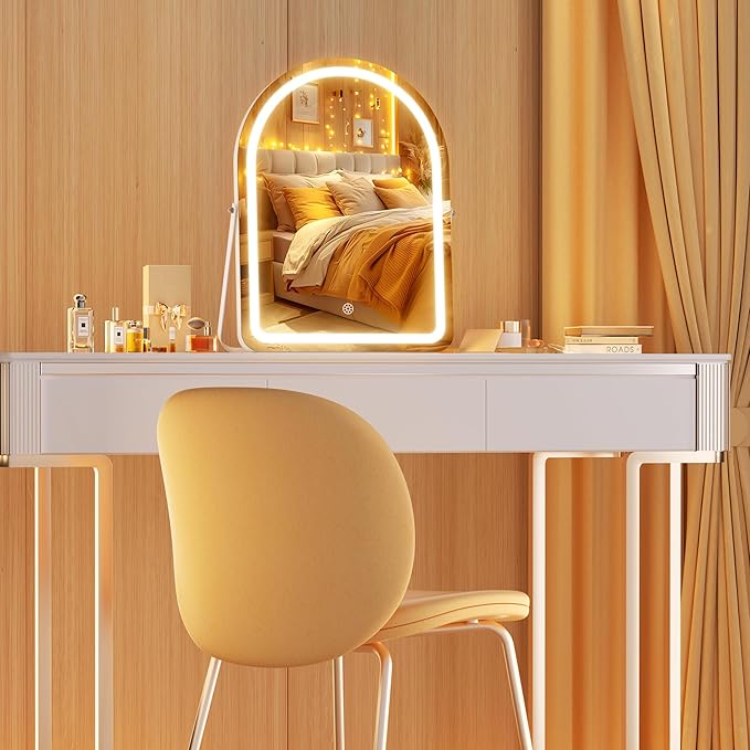 Hasipu Vanity Mirror with Lights and Bluetooth Speaker, 13.8"× 18" Arched LED Makeup Mirror, Lighted Makeup Mirror with Lights, Smart Touch Control Dimmable 3 Modes Light 360°Rotation White