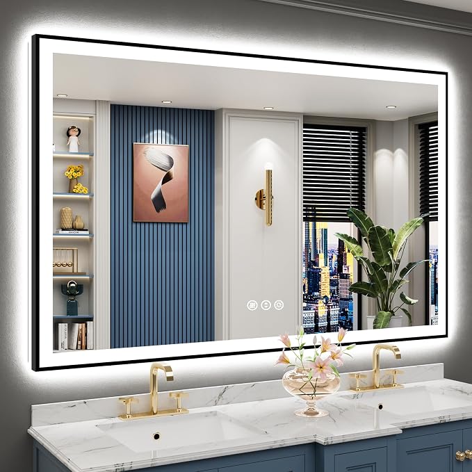 60x40 Black LED Bathroom Mirror, Backlit & Front Lit Lighted Mirror | Metal Framed Anti-Fog Vanity Mirror with Lights, 3 Color Dimmable, Memory, HD Tempered Glass, CRI95, UL Listed, Wall Mounted