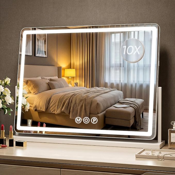Antok Vanity Mirror with Lights, 33"X23" Lighted Makeup Mirror, Smart Touch, 3 Color Modes and Brightness Adjustable, LED Vanity Mirror with Detachable 10X Magnification, 360° Rotation for Makeup Desk