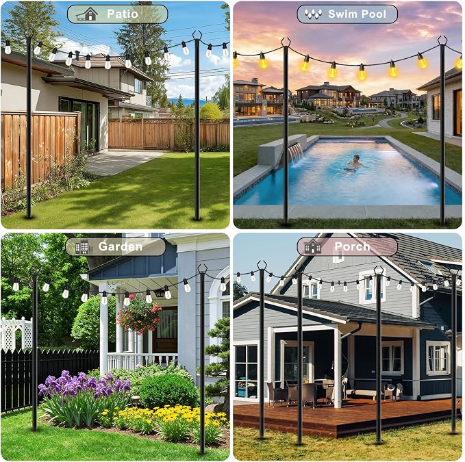 AHRLHR 8 Pack String Light Poles, Outdoor String Light Pole 10 ft Forked Metal Light Pole with Adjustable Outdoor Light Stand, Deck, Backyard, Garden, Wedding, Rustproof and Sturdy with Hooks.