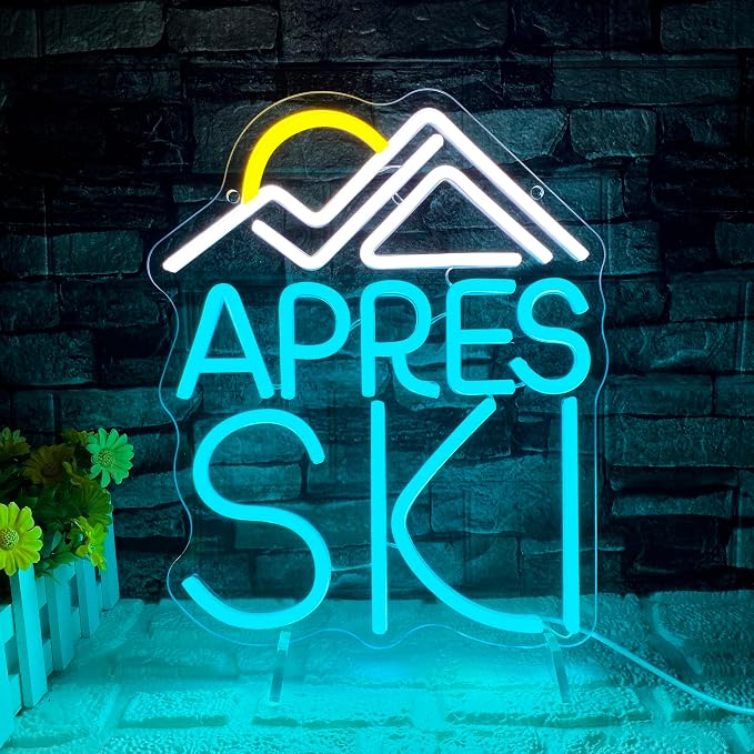 Apres Ski Neon Sign, Dimmable LED Neon Light, USB Powered Wall Art, Goggles Winter Sports Decor for Bedroom, Man Cave, Home, Birthday Gifts for Skier(10.6 * 13in)