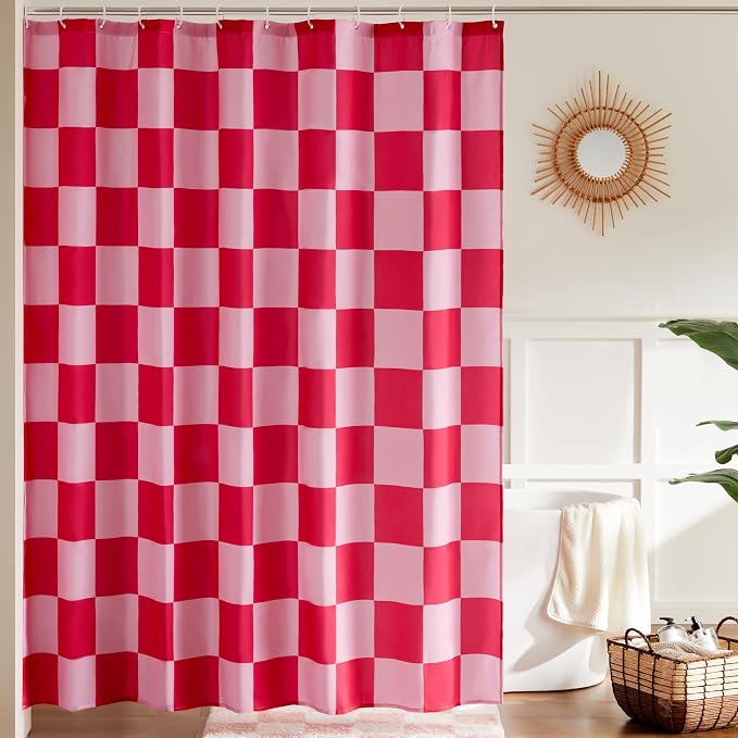 Ohocut Checkered Shower Curtain, Double Pink Plaid Shower Curtains for Bathroom, Cute Retro Checkboard Shower Curtain Vintage Aesthetic, Washable Fabric Bath Curtain 72''x72''