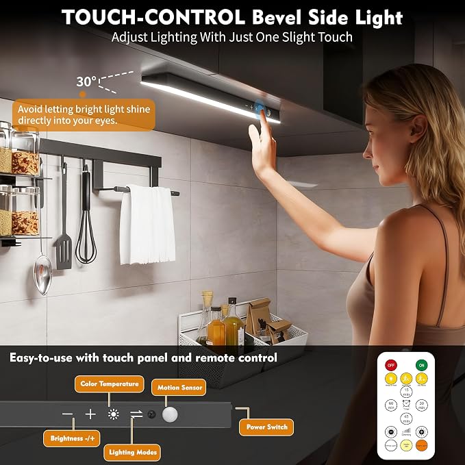 12" Under Cabinet Lights Wireless Rechargeable, Motion Sensor, 5Pack, Black | Touch & Remote Control丨160 bright LEDs丨4000mAh Battery丨Dimmable 3 color temps丨Magnetic install for kitchen counter, closet