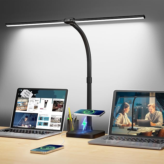 ShineTech LED Desk Lamp, 24W Double Head Desk Light with Wireless Charging | 25 Lighting Modes, USB Port, Dual Swing Arm, Eye-Caring, Auto-Off Timer & Memory Function, for Home Office Dorm Piano Nail