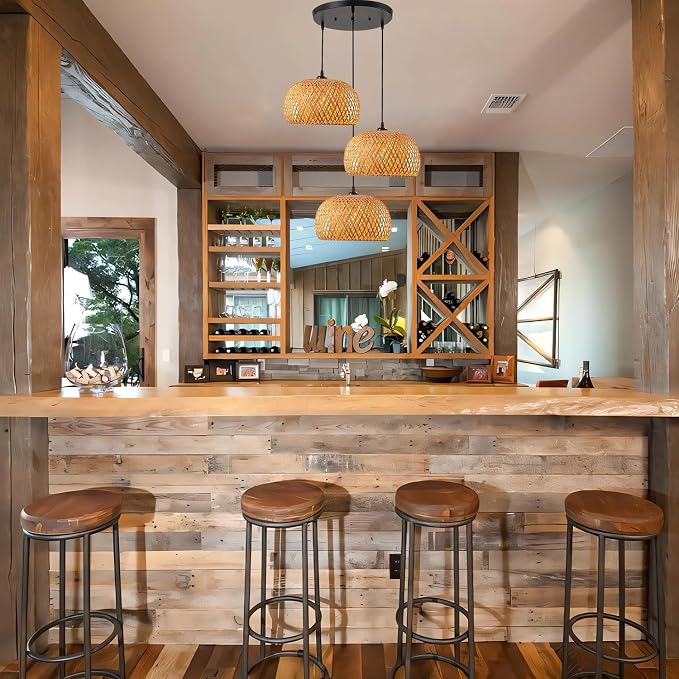 3 Light Open Weave Ceiling Hanging Fixture, Bulbs Not Included | Rustic Bamboo Pendant Light, Wicker Basket Shades, Adjustable 59", Hanging Lamp for Kitchen island Dining Table stairwell
