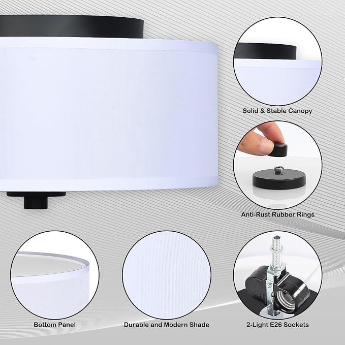 2-Light Flush Mount Ceiling Light Fixture, 12” Modern Close to Ceiling Light with White Fabric Drum Shade, Round Ceiling Light for Bedroom Hallway Living Room Bathroom Dining Kitchen | Modern Close to Ceiling Light,White fabric shade,E26,Great for comp...
