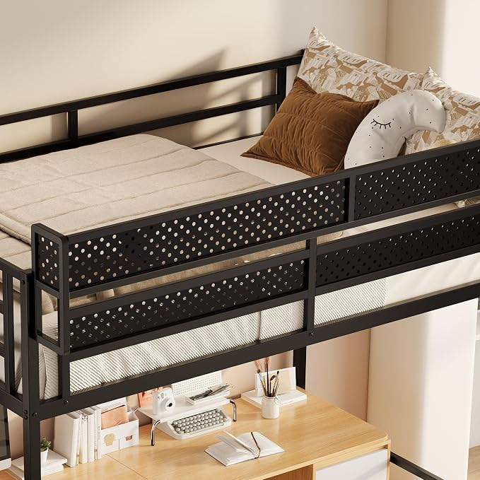 Full Size Metal Loft Bed with Storage Stairs, Wardrobe & Charging Station | Storage Shelve,Convertible Staircase,LED Lights, Solid Wood Stairs, Safety Guardrail, Noise-Free, No Box Spring Needed