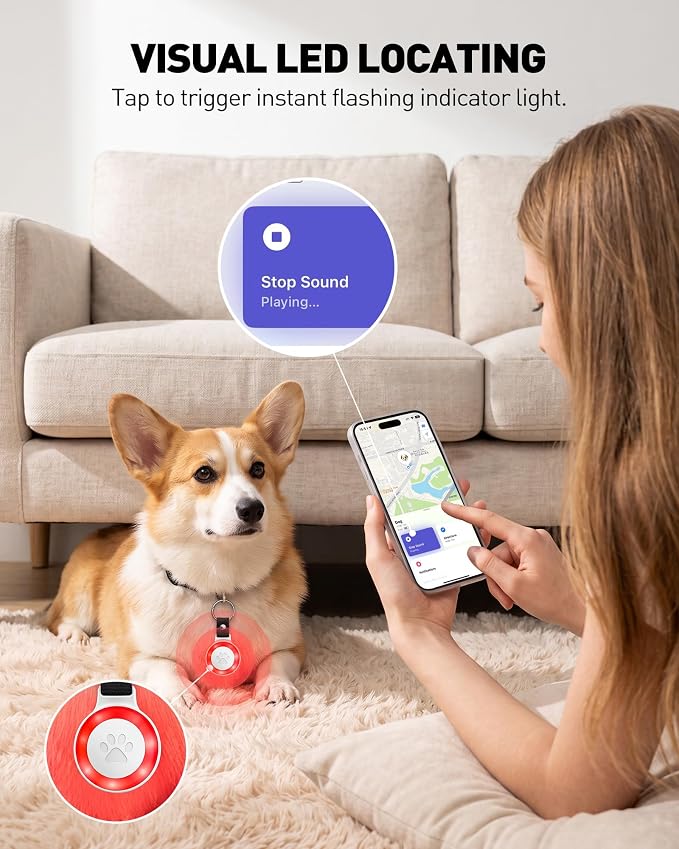 Pet Tracker for Cats and Dogs, Works with Apple Find My, No Monthly Fee | Compatible with iPhone,IPX7 Waterproof, RGB LED Night Light, Paw Print Design, 360-Day Battery, Lightweight Pet Collar Tag