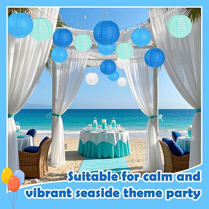 12Pcs Blue Paper Lanterns Set, Blue White Mint Green Hanging Round Paper Lanterns in Assorted Sizes 6" 8" 10" 12", for Graduation, Wedding, Birthday, Baby Shower and Coastal Party Decorations