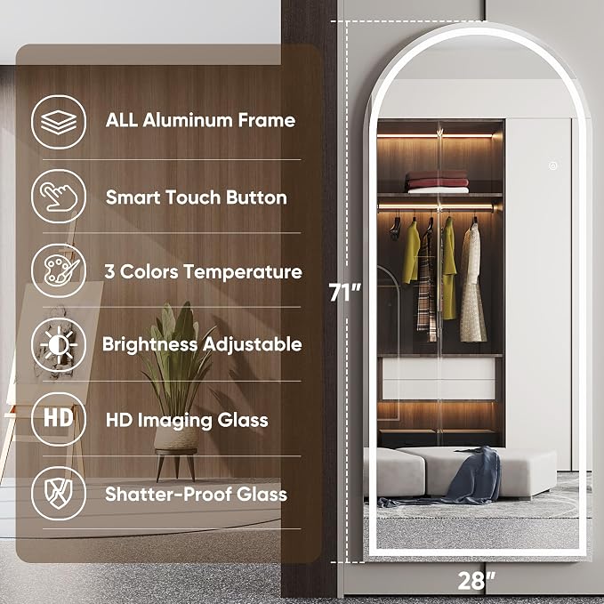 Antok LED Full Length Mirror with Light, 71"x28" Lighted Full Body Mirror with Stand, Dimmable & 3 Color Lighting Standing/Leaning/Wall Mounted Vanity Mirror for Bedroom Cloakroom Livingroom(Arched)